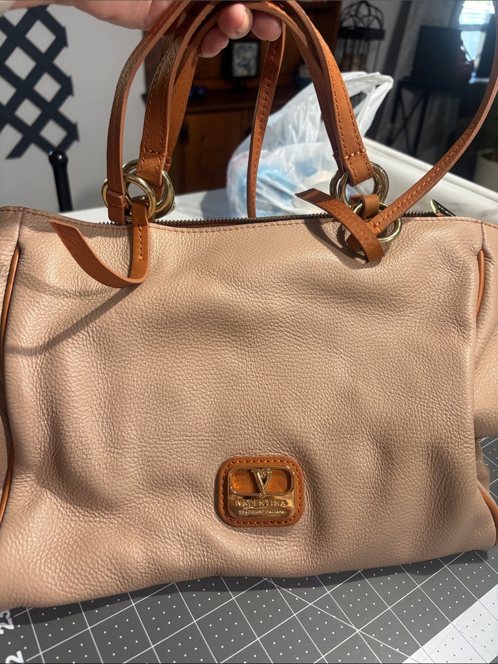 Valentina Beige Leather Shoulder Bag with Tan Handles